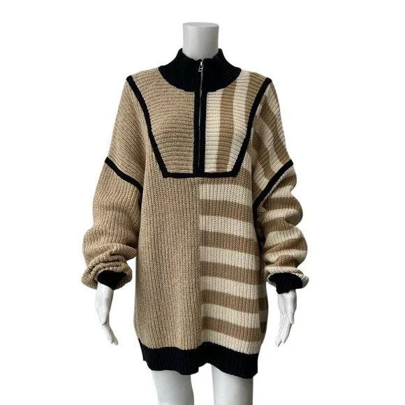 $295 Staud Tan Stripe Mock Neck Zip Hampton Sweater size L - Picture 2 of 7